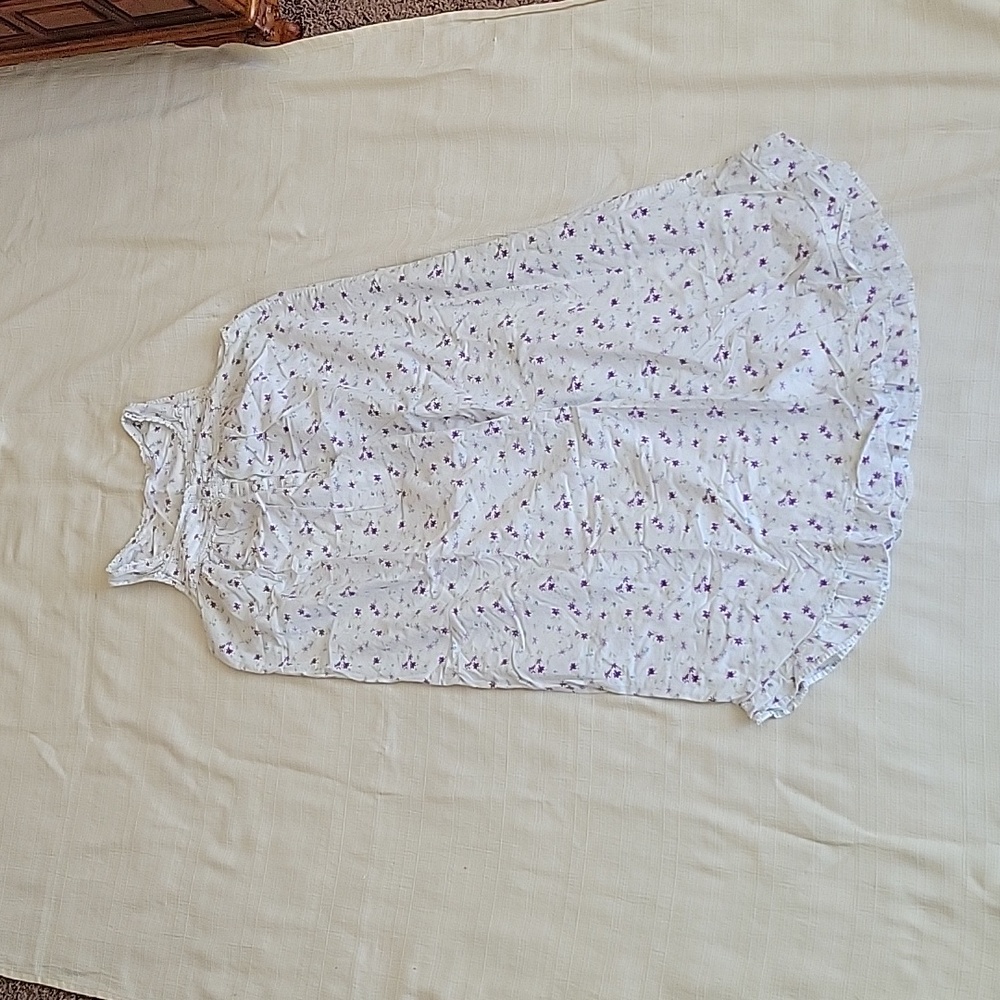 Adonna Brand White Night Gown w/ Purple, Blue, & Green Floral Design & Lace Edge